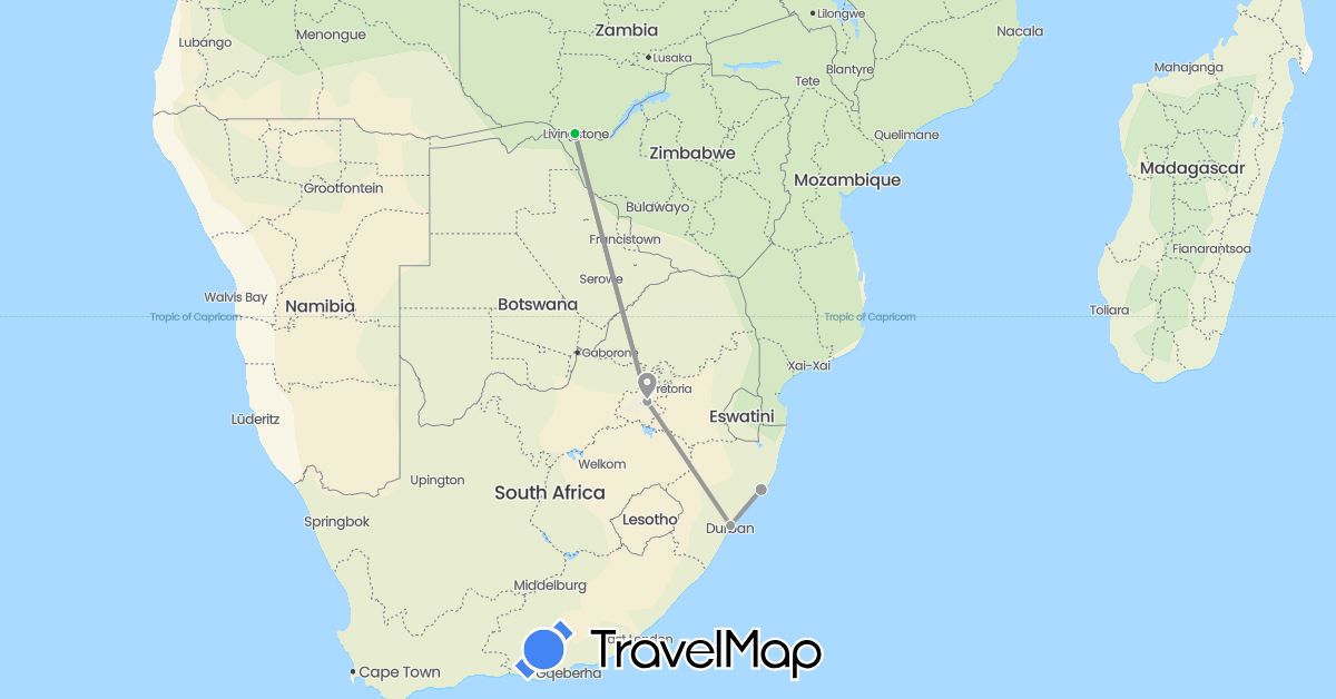 TravelMap itinerary: driving, bus, plane in South Africa, Zambia, Zimbabwe (Africa)